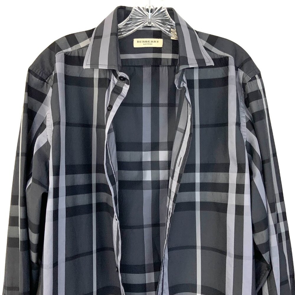 Burberry London Charcoal Gray Check Cotton Button Down Shirt Sz 16/34-35 - Picture 10 of 16